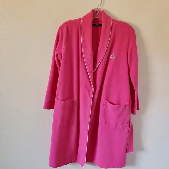 Lauren Ralph Lauren Robe Womens S Pink Waffle Weave Pockets Belt Bathrobe LRL - Picture 14 of 15